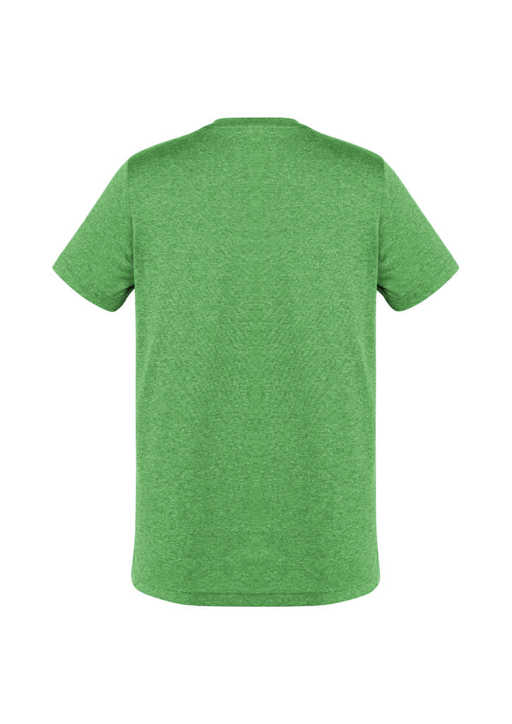 A green short sleeve tee featuring a plain back design and a logo. Suitable for casual wear.