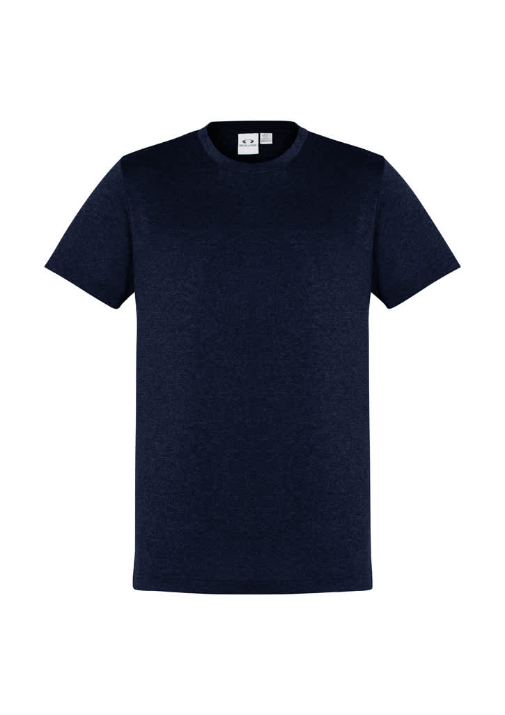 Navy blue men's short sleeve tee with a crew neck design and a logo on the tag.
