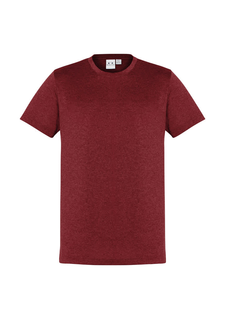A maroon short sleeve tee with a logo, featuring a classic crew neck design.