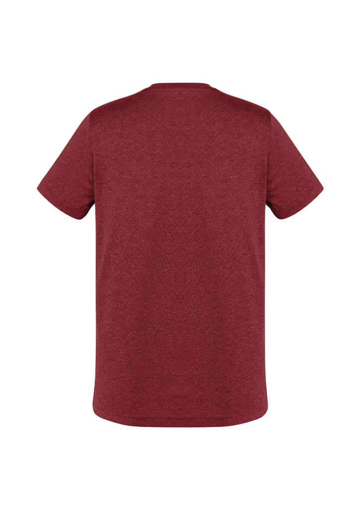 A maroon short sleeve tee with a straight cut and a simple design, featuring a logo on the back.