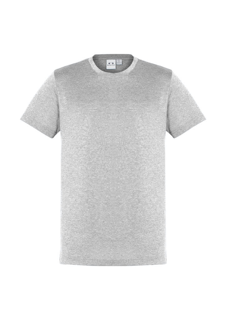 A light grey short sleeve tee with a crew neckline. The shirt features a logo on the label.