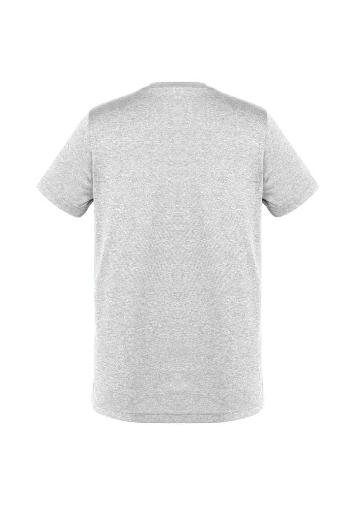 A grey short sleeve tee featuring a crew neck design and a logo on the back.