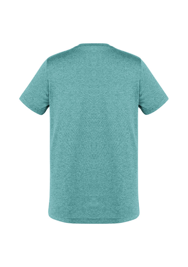 A teal short sleeve tee with a plain back and a small logo on the back neckline.