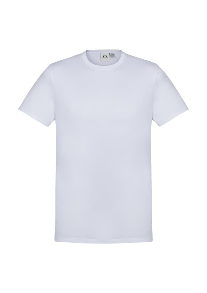 A plain white short sleeve t-shirt with a round neckline and a logo on the label.