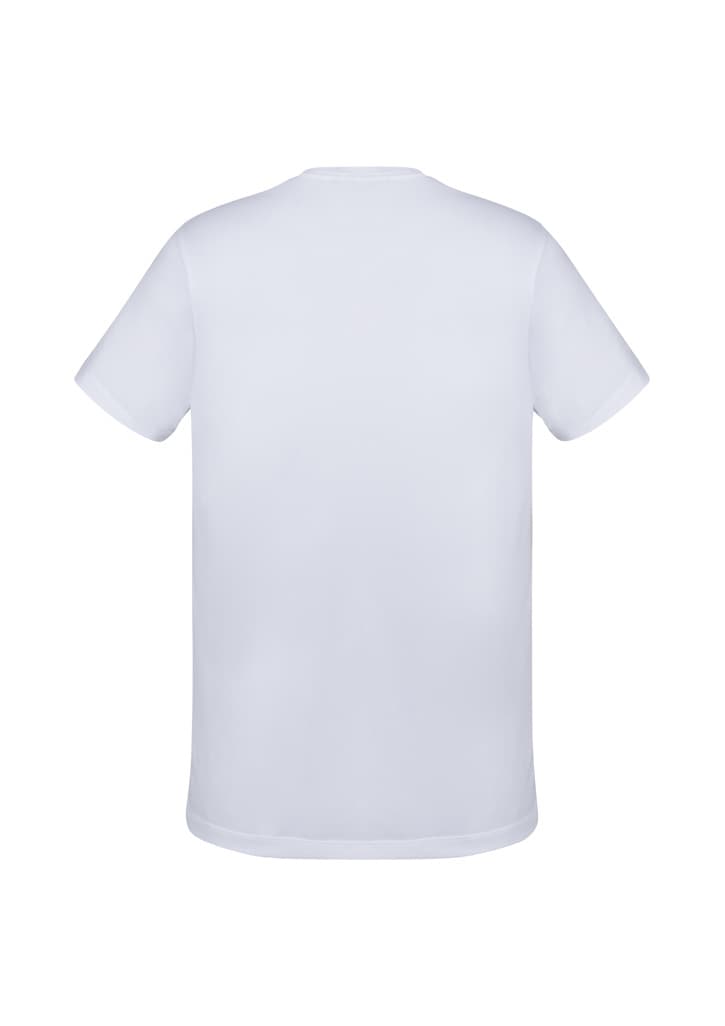 A plain white short sleeve tee with a standard crew neck and a fitted silhouette. It features a logo on the back.