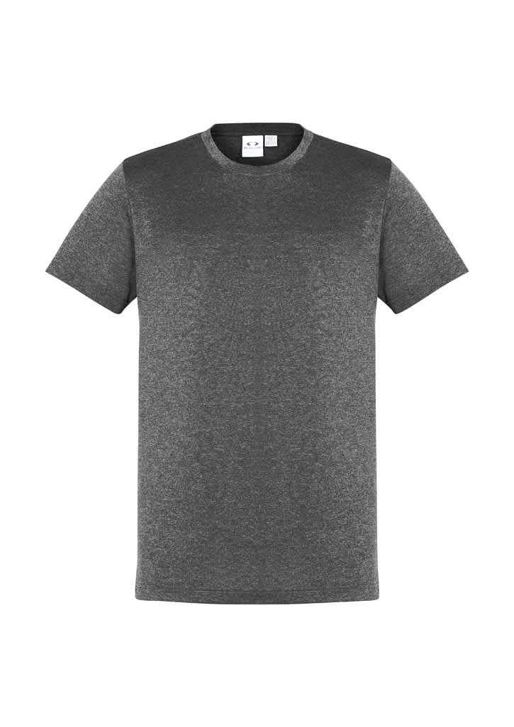 A dark grey short sleeve T-shirt with a subtle design and a logo on the label.