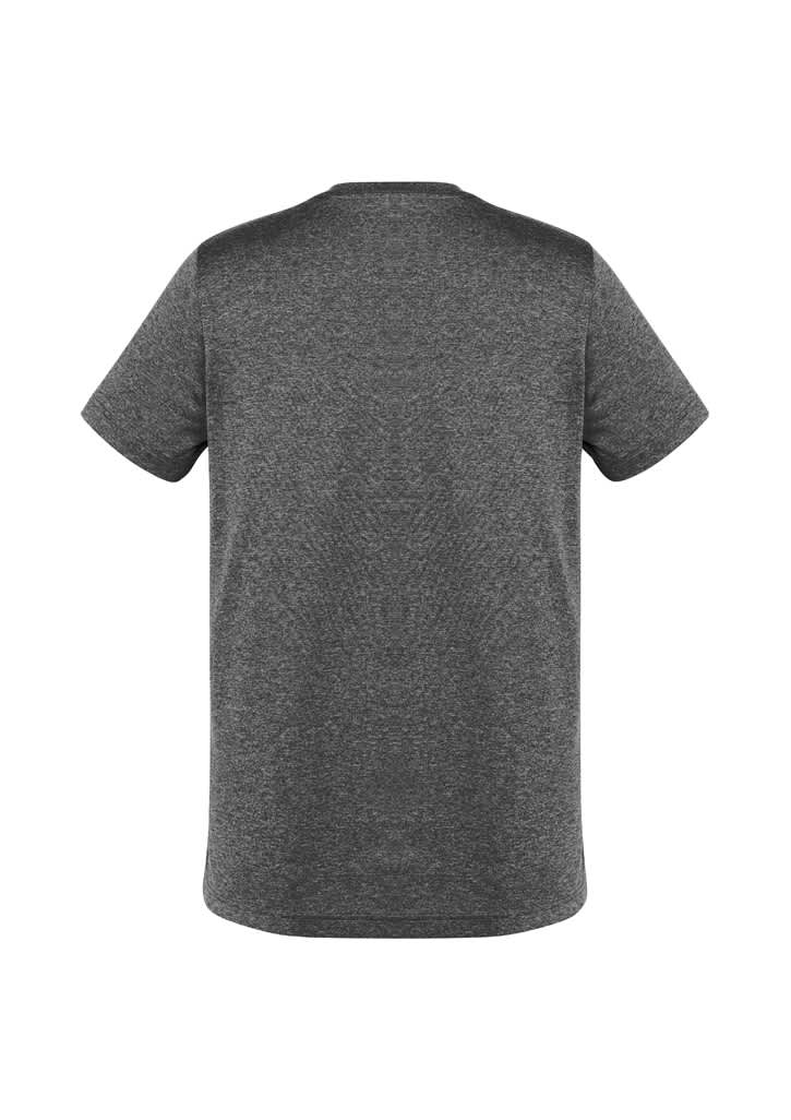 A grey men's short sleeve tee, featuring a simple design and a logo on the back.