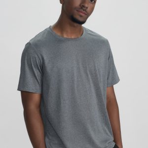 A grey short sleeve tee featuring a logo, designed for men with a relaxed fit.