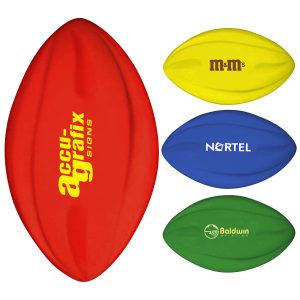 A set of four mini footballs in red, yellow, blue, and green, featuring various logos.
