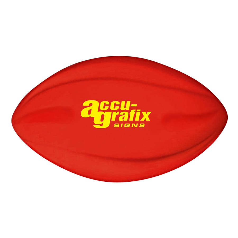 A red football with a smooth surface and a logo displayed on it.