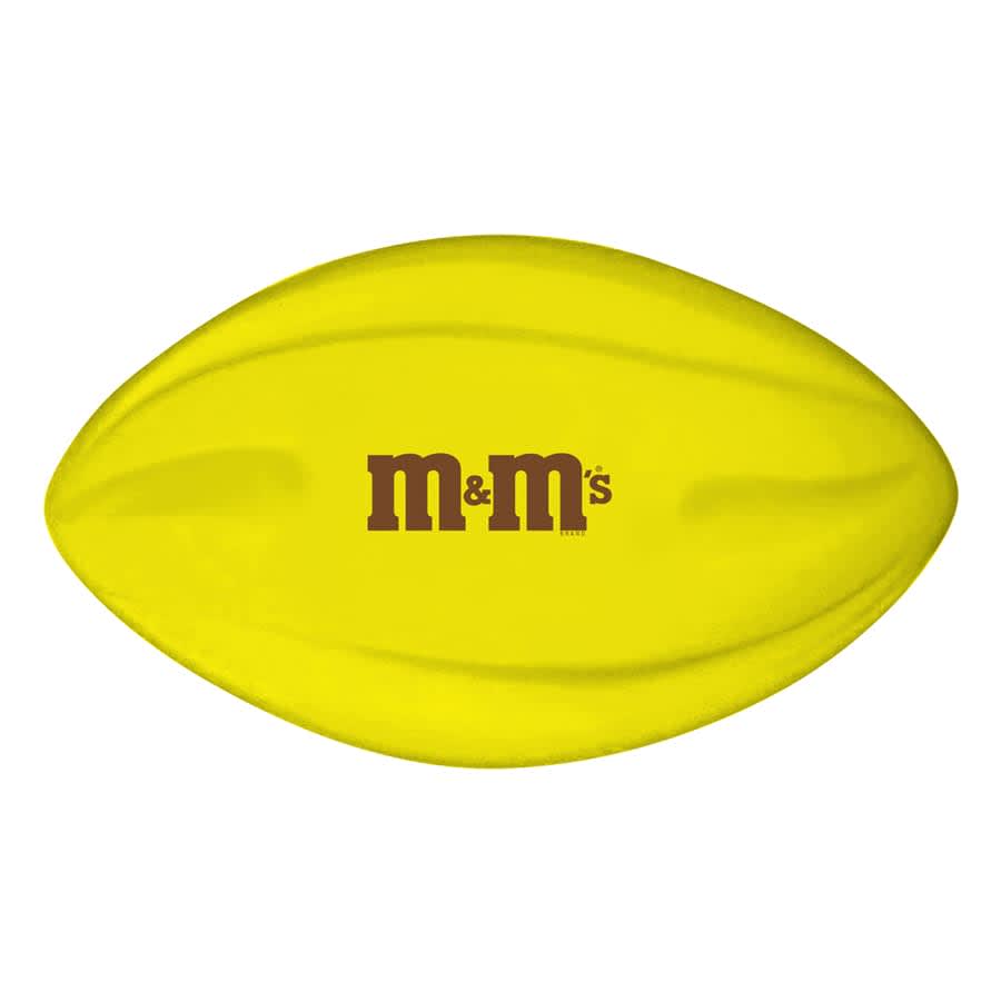 A yellow football with a textured surface and a logo on it.