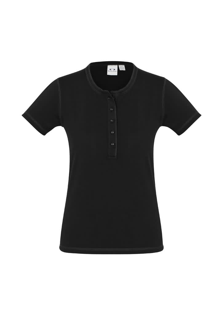 A black vintage tee featuring a round neckline and button detail, with short sleeves and a fitted shape.