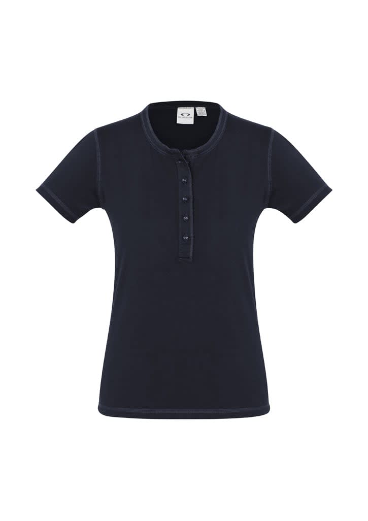 A navy vintage-style tee with a round neckline and button detail, featuring short sleeves and a branding label.