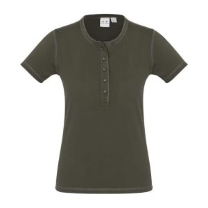 A ladies vintage tee in olive green with a crew neckline and button detailing. It features short sleeves and a fitted design.