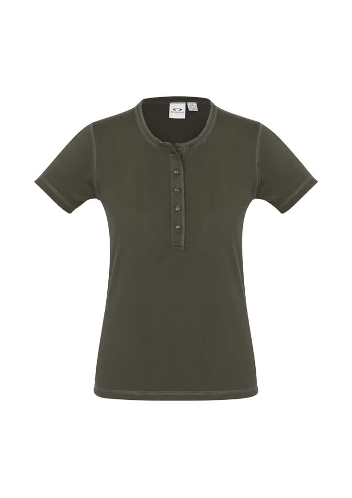 A ladies vintage tee in olive green with a crew neckline and button detailing. It features short sleeves and a fitted design.