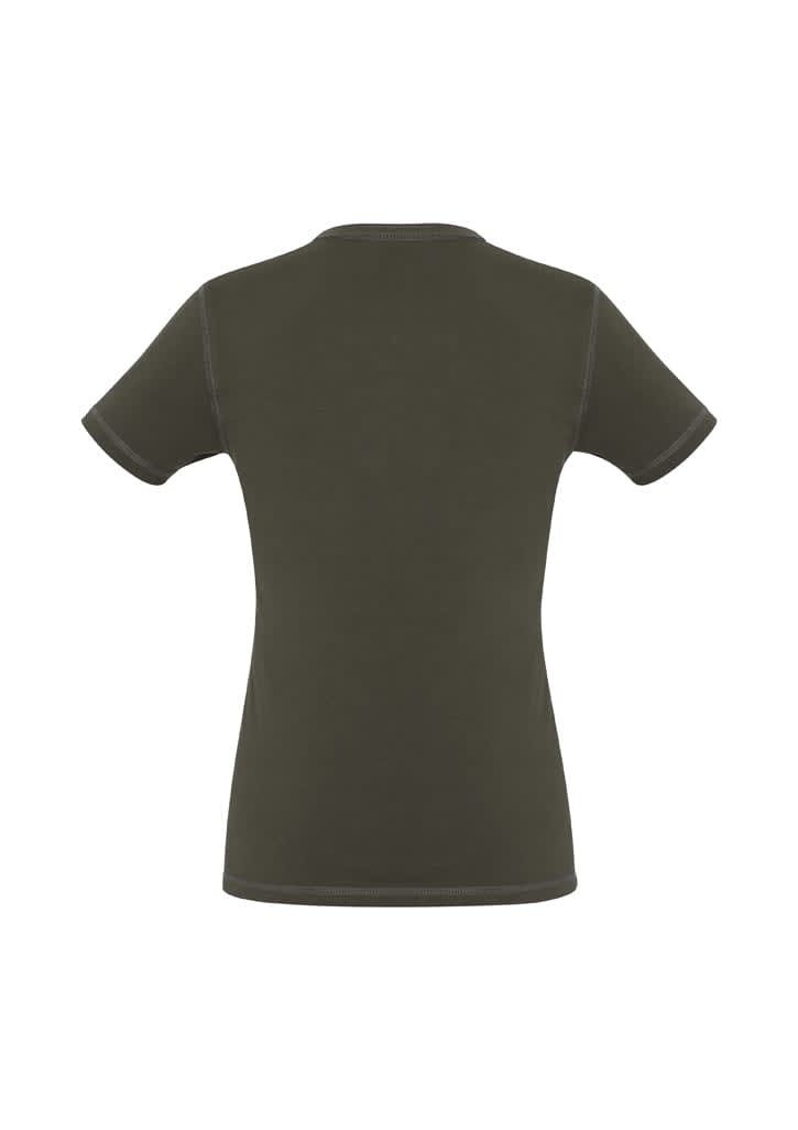 A green ladies vintage tee featuring short sleeves and a fitted silhouette, with stitching details and a logo.
