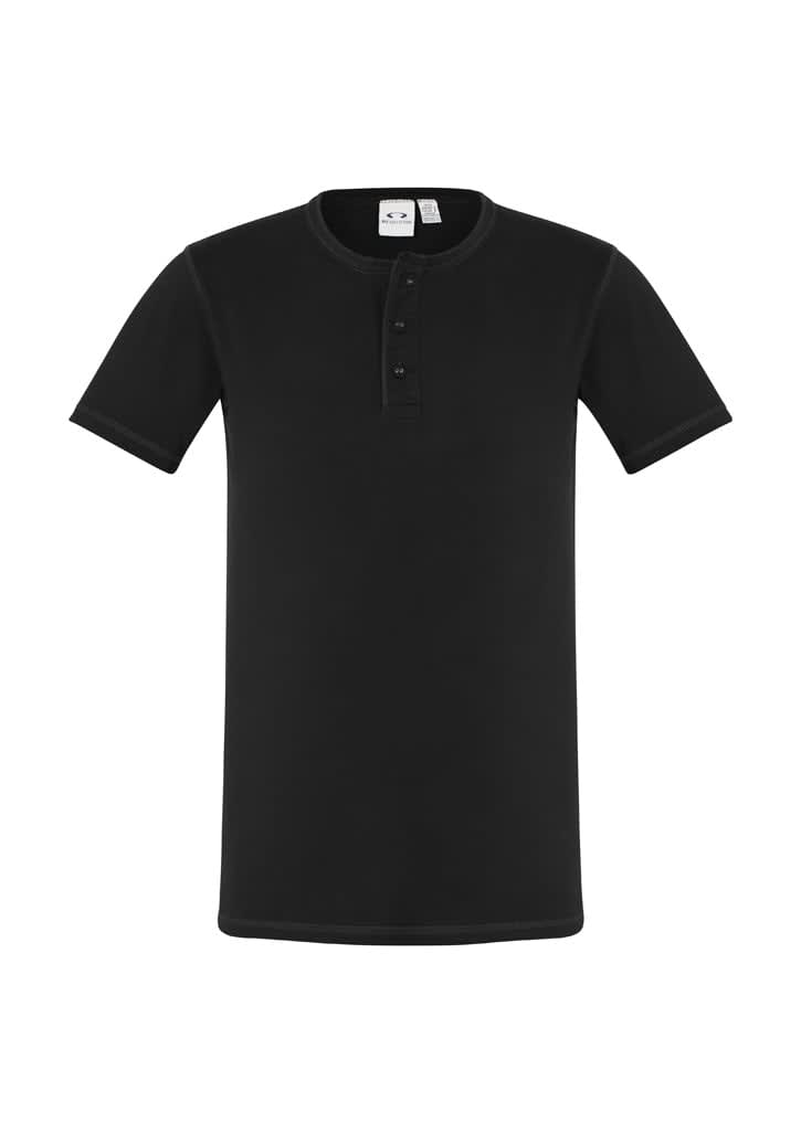 A black vintage t-shirt featuring a henley neckline and short sleeves, with a logo on the label.