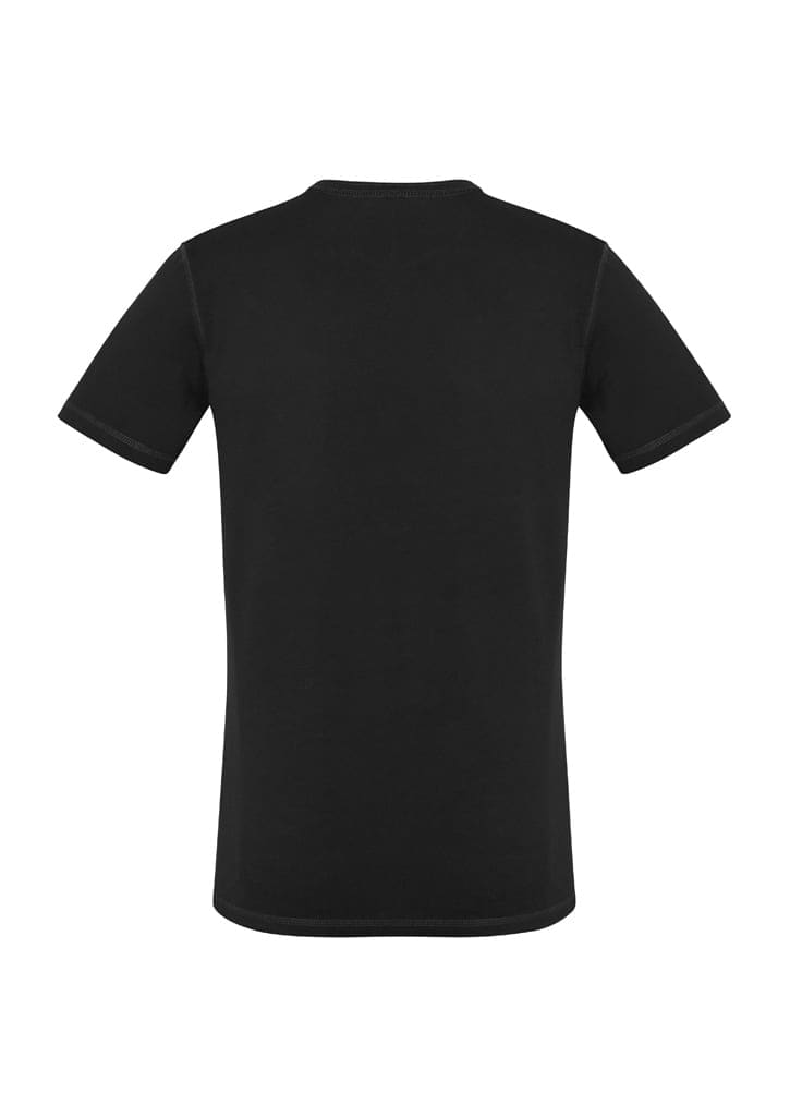 A black vintage T-shirt featuring short sleeves and a plain back. The shirt has a logo on the collar.