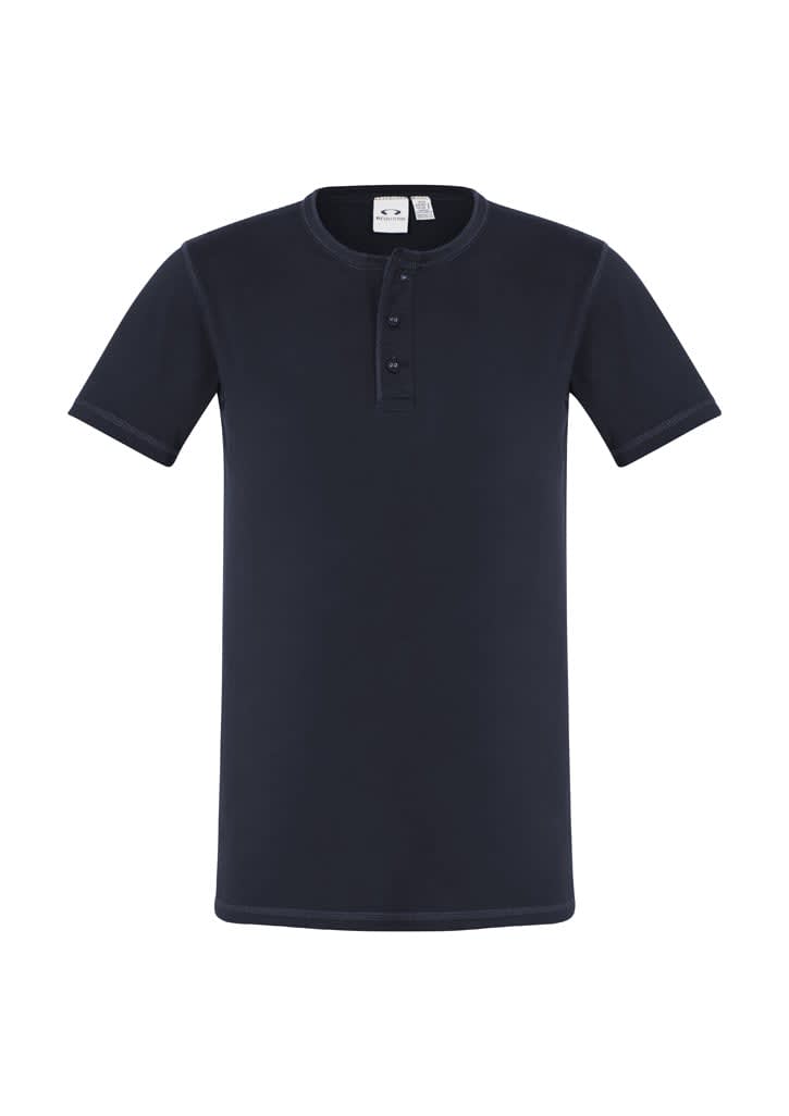 A navy vintage tee with a crew neck and short sleeves, featuring a button detail. It includes a logo on the label.
