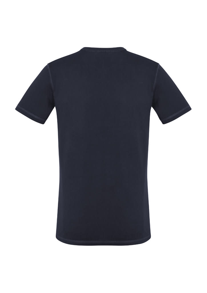 A men's vintage tee in navy blue with short sleeves, featuring a plain back design and a logo.