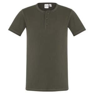 A men's vintage tee in olive green, featuring short sleeves and a buttoned neckline. It has a logo on the label.