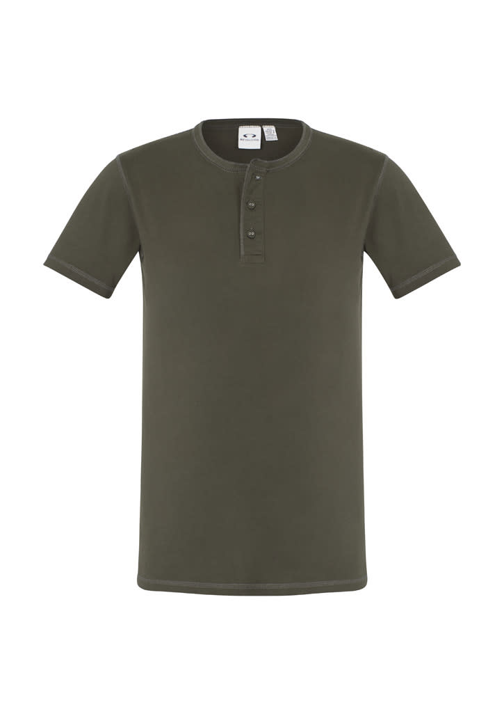 A men's vintage tee in olive green, featuring short sleeves and a buttoned neckline. It has a logo on the label.