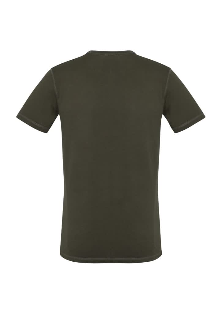 A green vintage t-shirt with short sleeves and a plain back. It features a logo on the neckline.