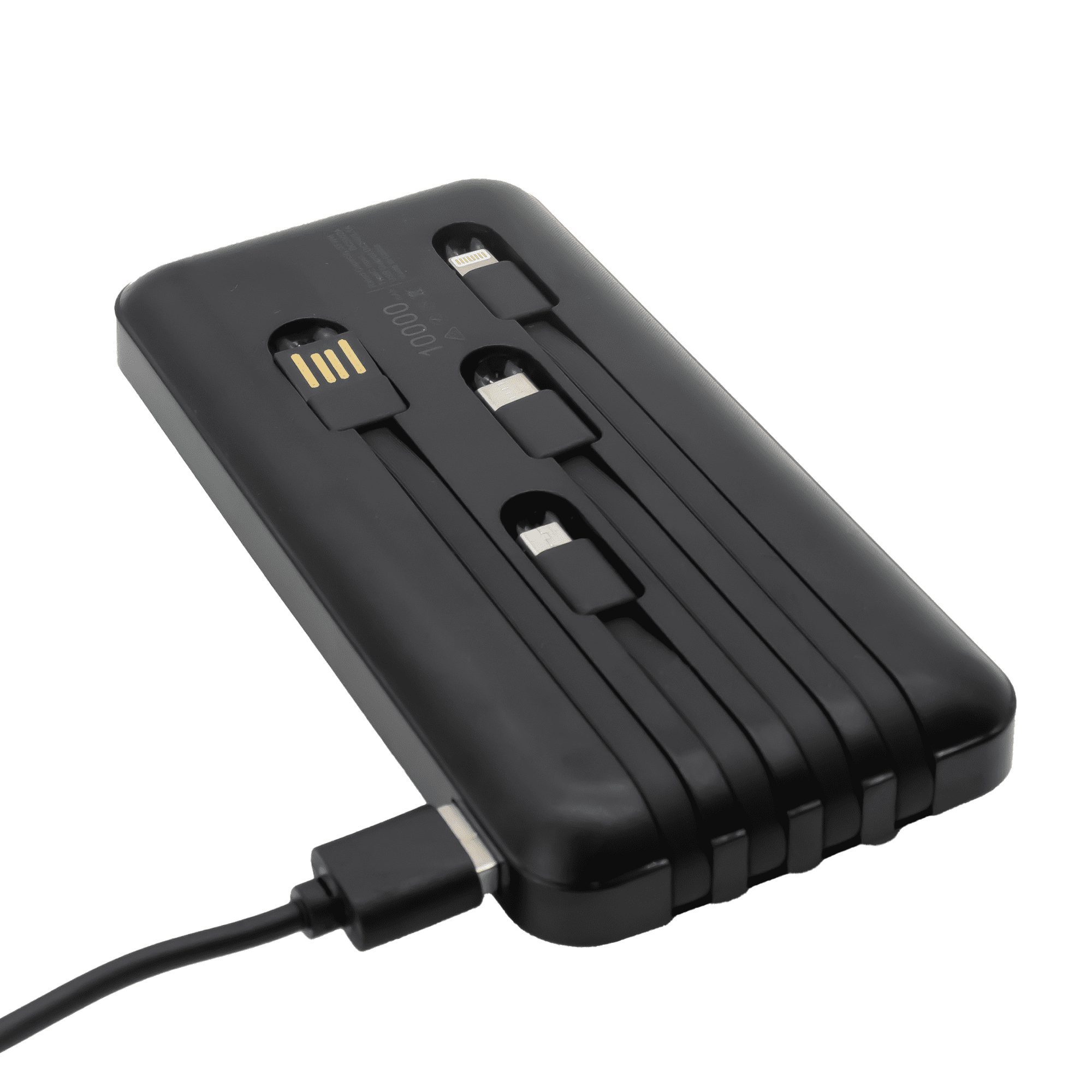 A black power bank with three ports and a USB charging cable. It has a logo on the surface.