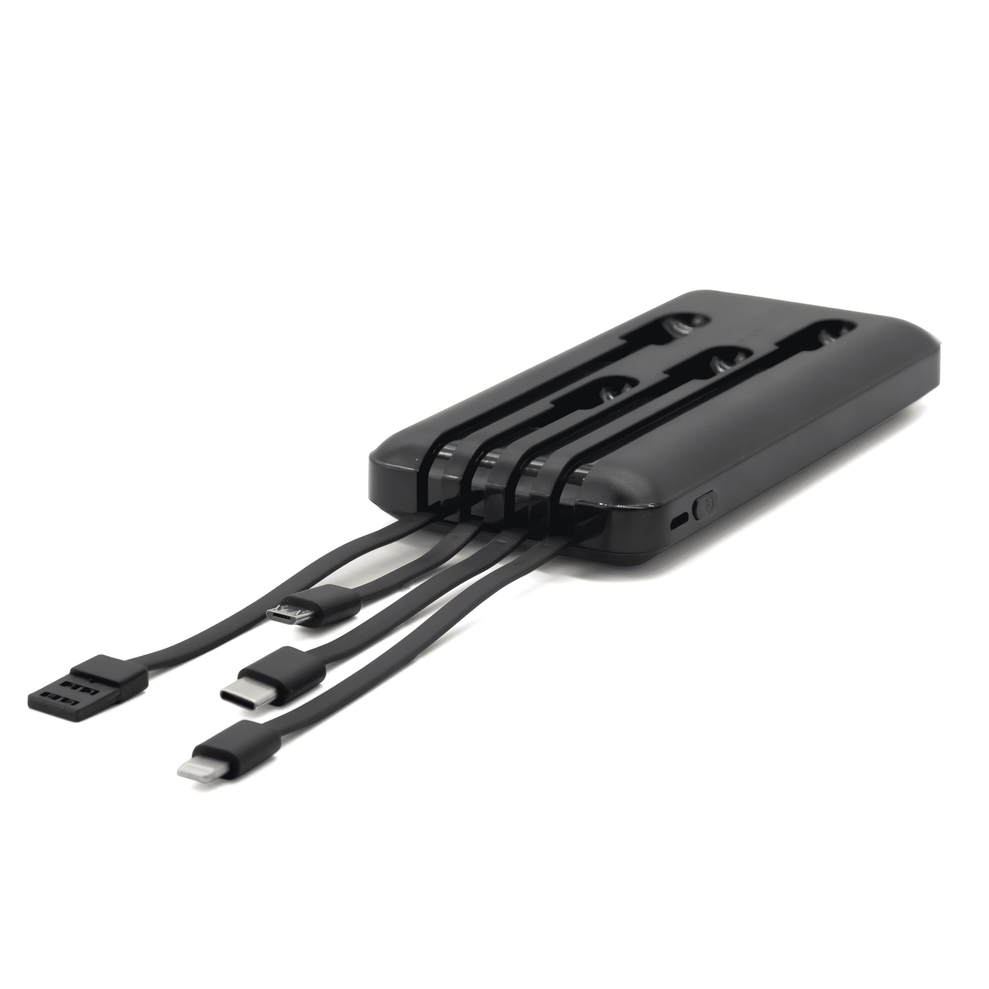 A black power bank with integrated charging cables, featuring USB and USB-C connectors. It has a sleek design.