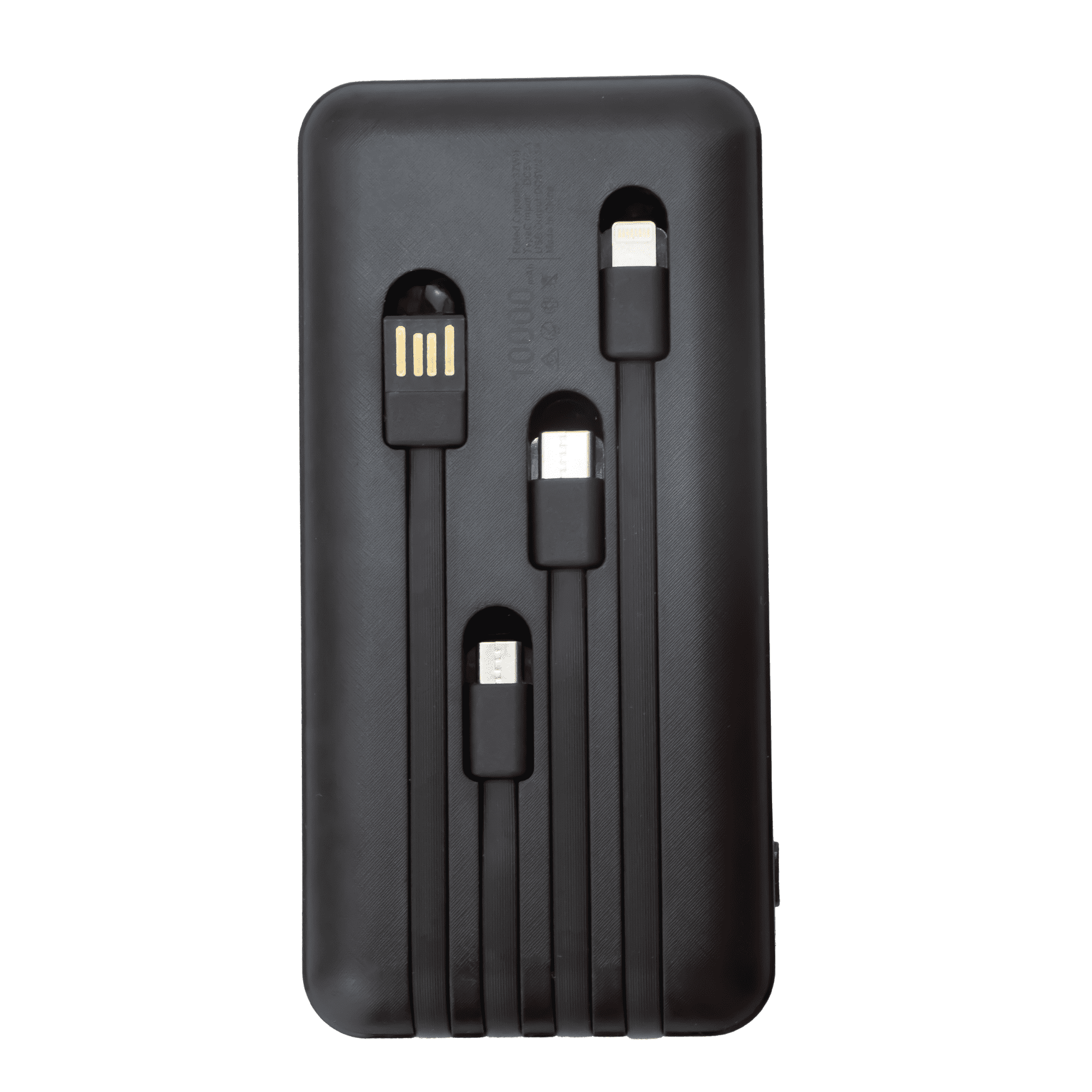 A black power bank with built-in cables for charging devices, featuring a logo on the surface.