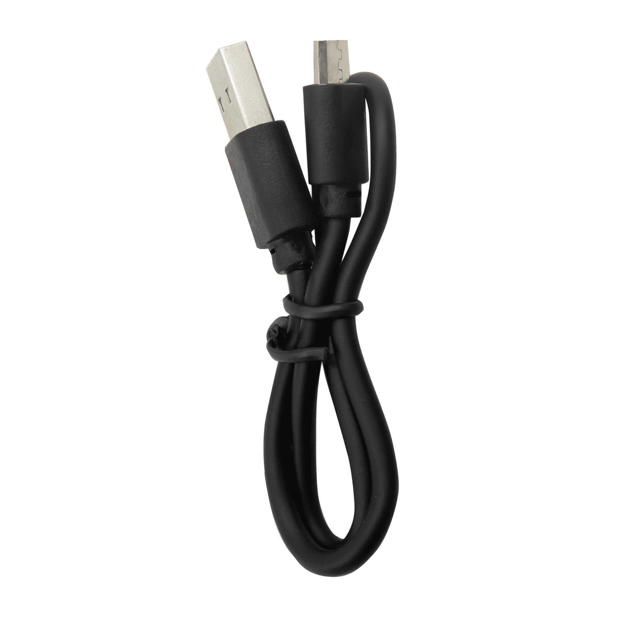 A black charging cable with USB and micro USB connectors. The cable is neatly tied for storage.