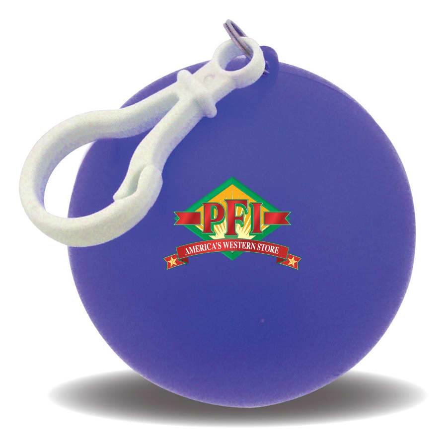 A purple rain poncho ball with a white clip and a logo. Compact design for easy storage.