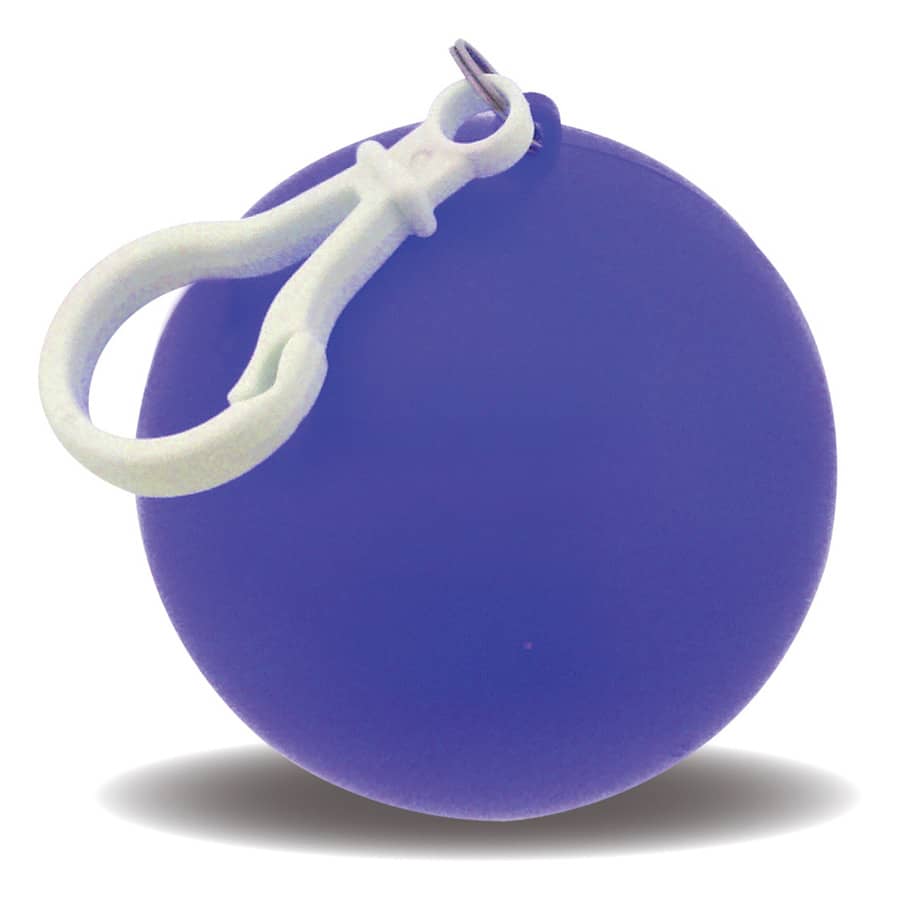 A purple rain poncho ball with a white clip for easy attachment.