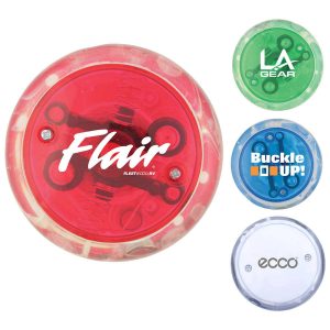 A collection of LED light-up yo-yos in red, green, blue, and clear colours, featuring various branding.