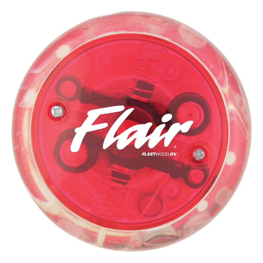 A red LED light-up yo-yo with a white logo and a transparent outer casing.