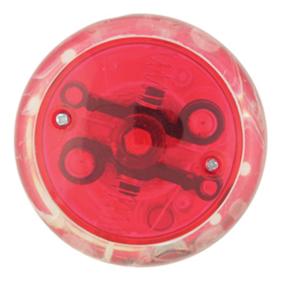 A red LED light-up yo-yo with a clear outer casing and a design visible through the surface.