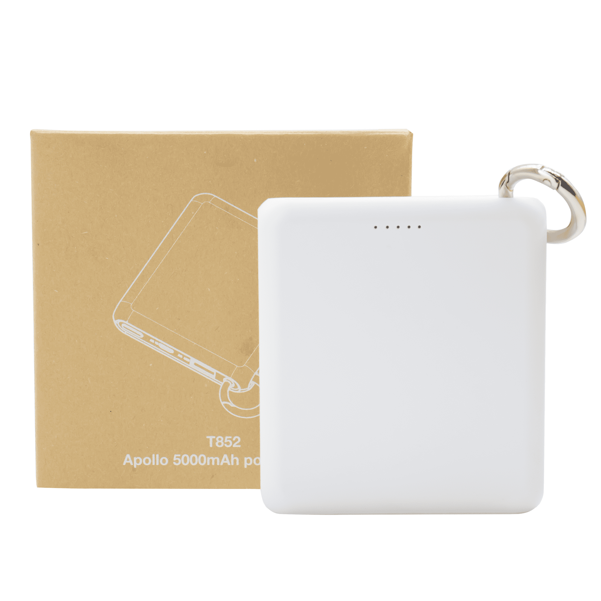 A white Apollo Power Bank (5,000 mAh) with a silver keyring, next to its brown packaging box.