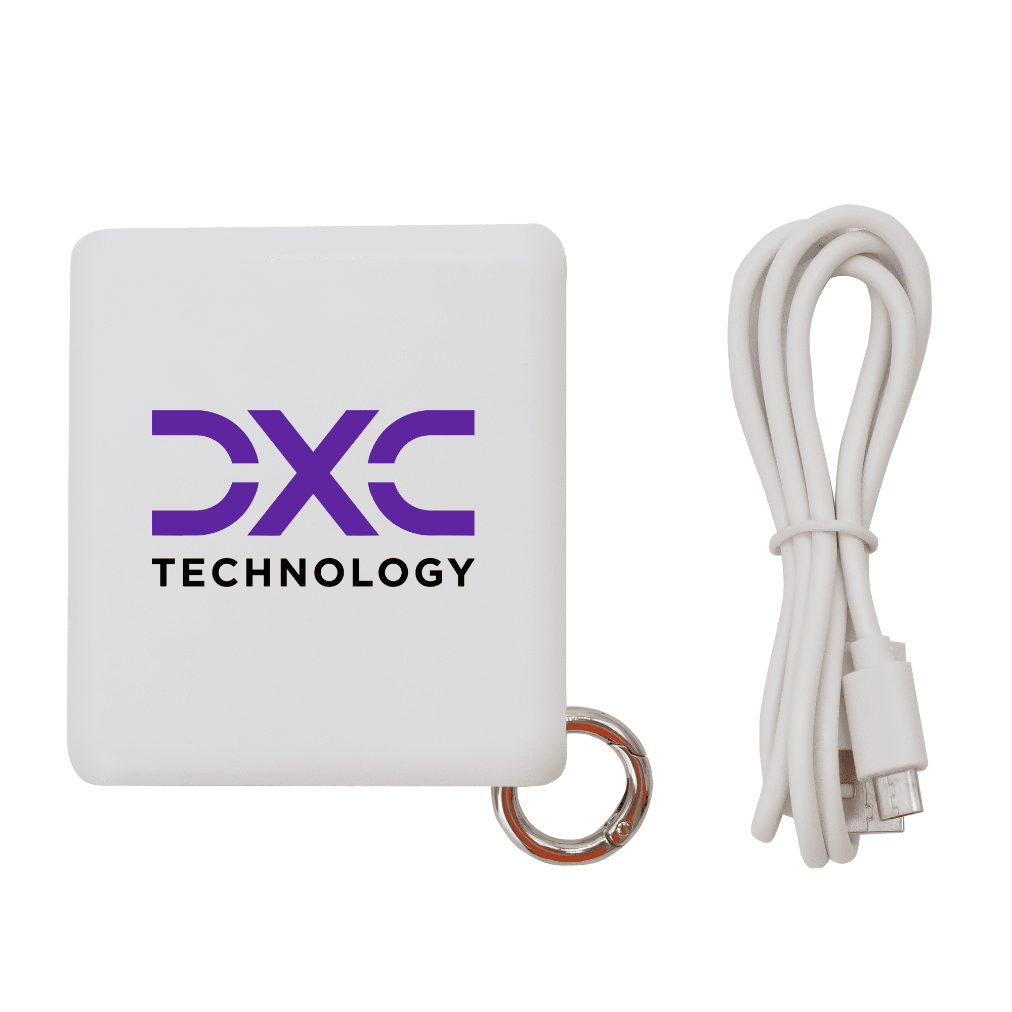 A white power bank with a logo and a USB charging cable attached. The design is sleek and compact.