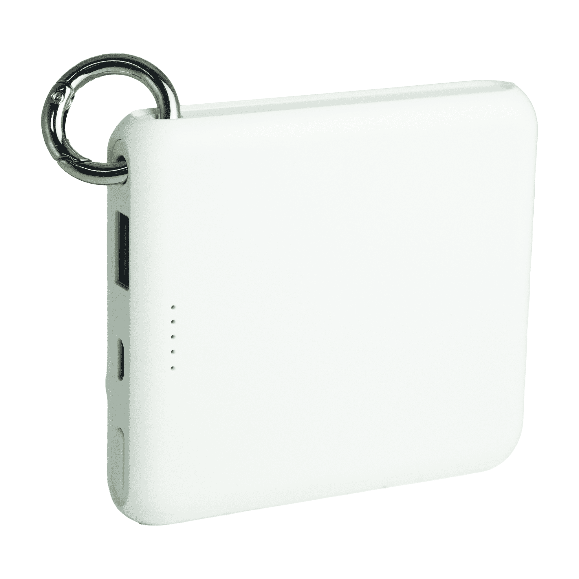 A white power bank with a ring attachment, featuring a USB port and indicator lights.