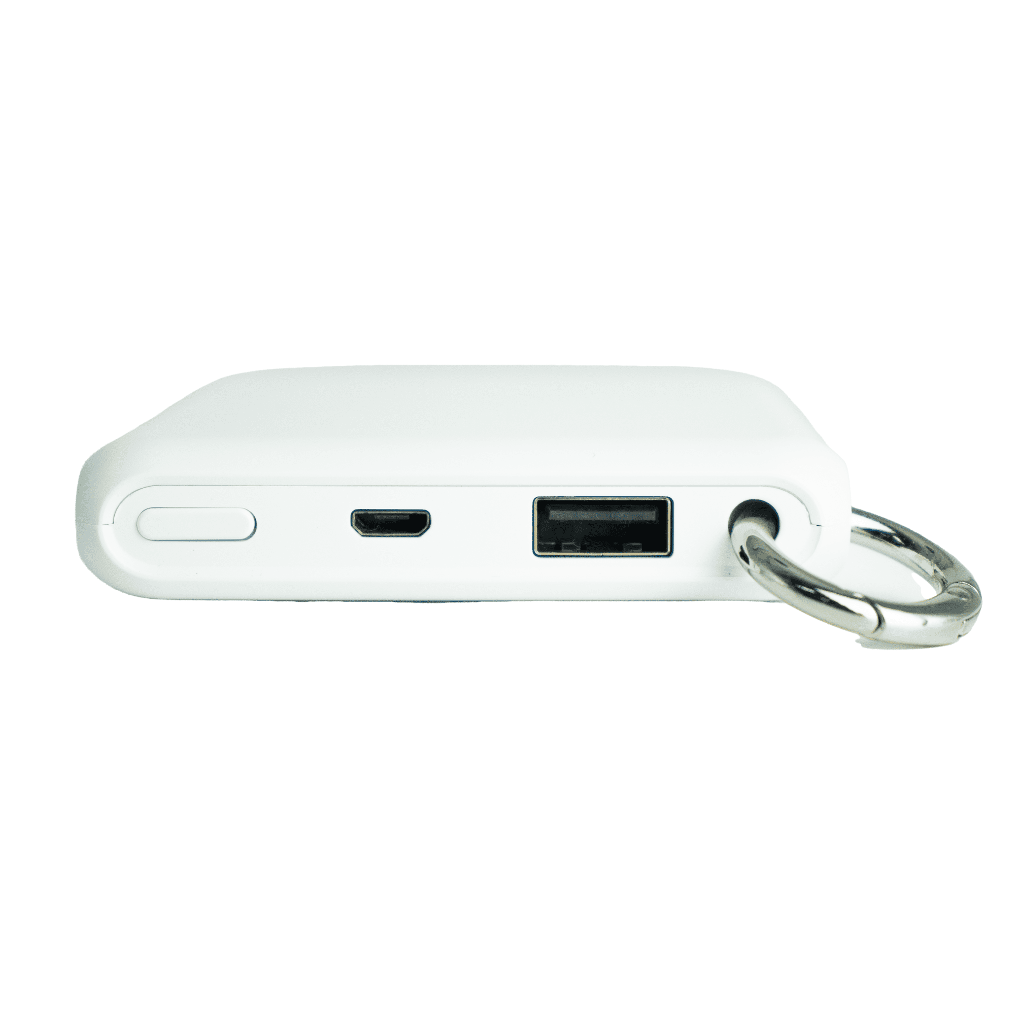 A white power bank with a USB port and a micro USB input, featuring a keychain attachment.