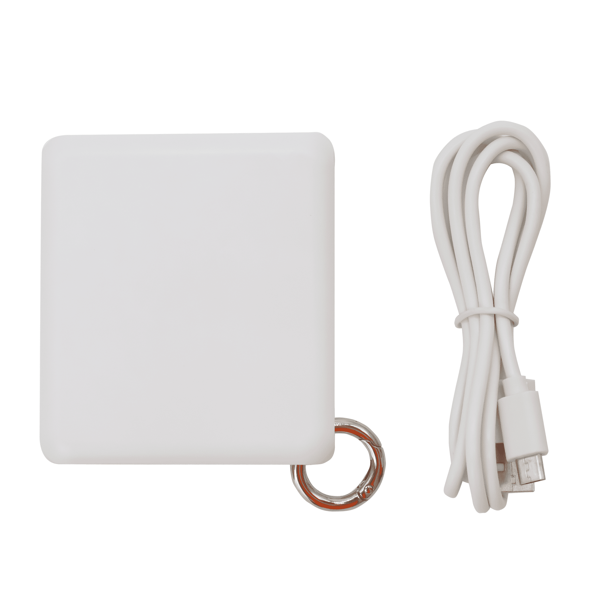 A white power bank with a keyring attachment, accompanied by a white charging cable.
