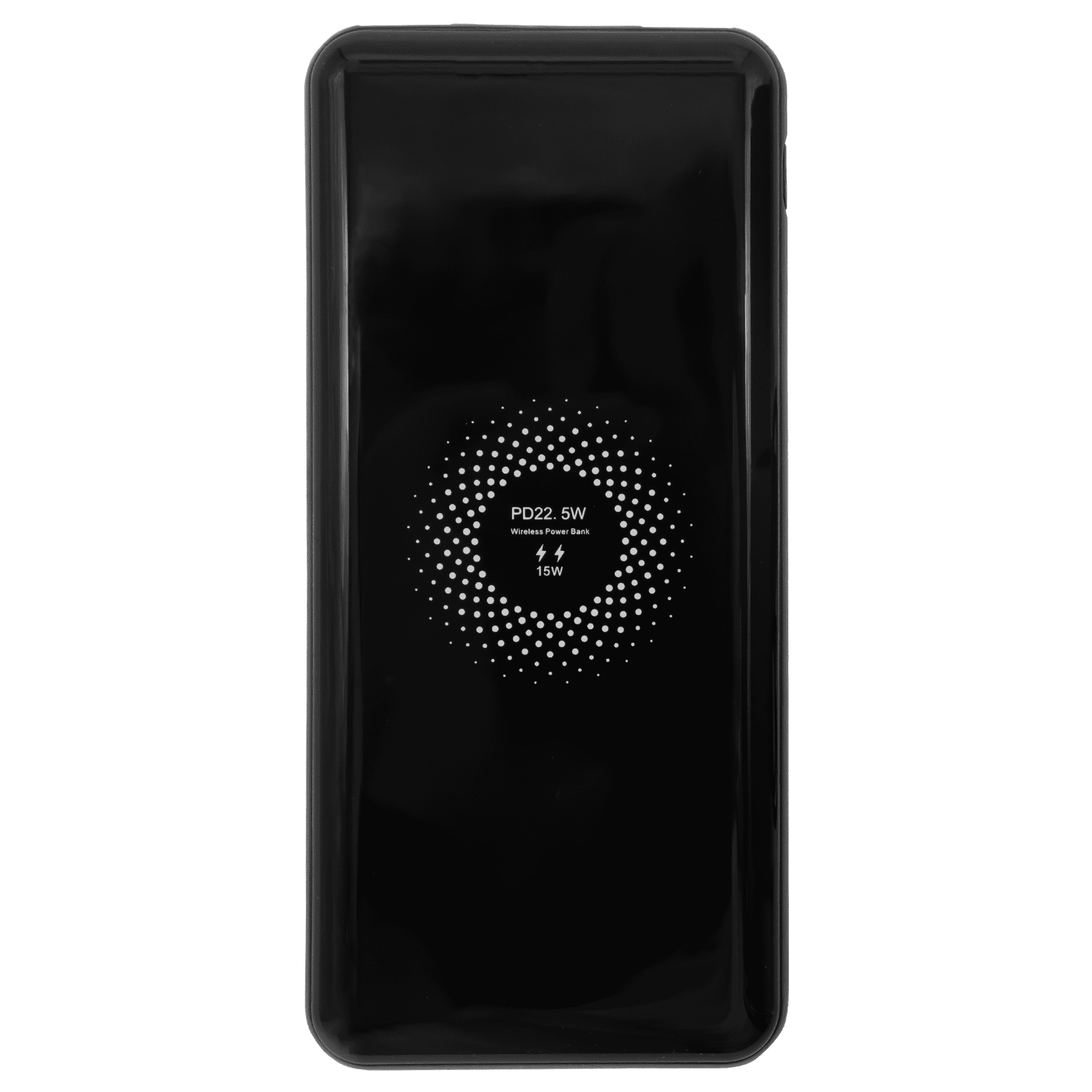 A black power bank with a textured design and a logo, featuring a 10,000 mAh capacity.