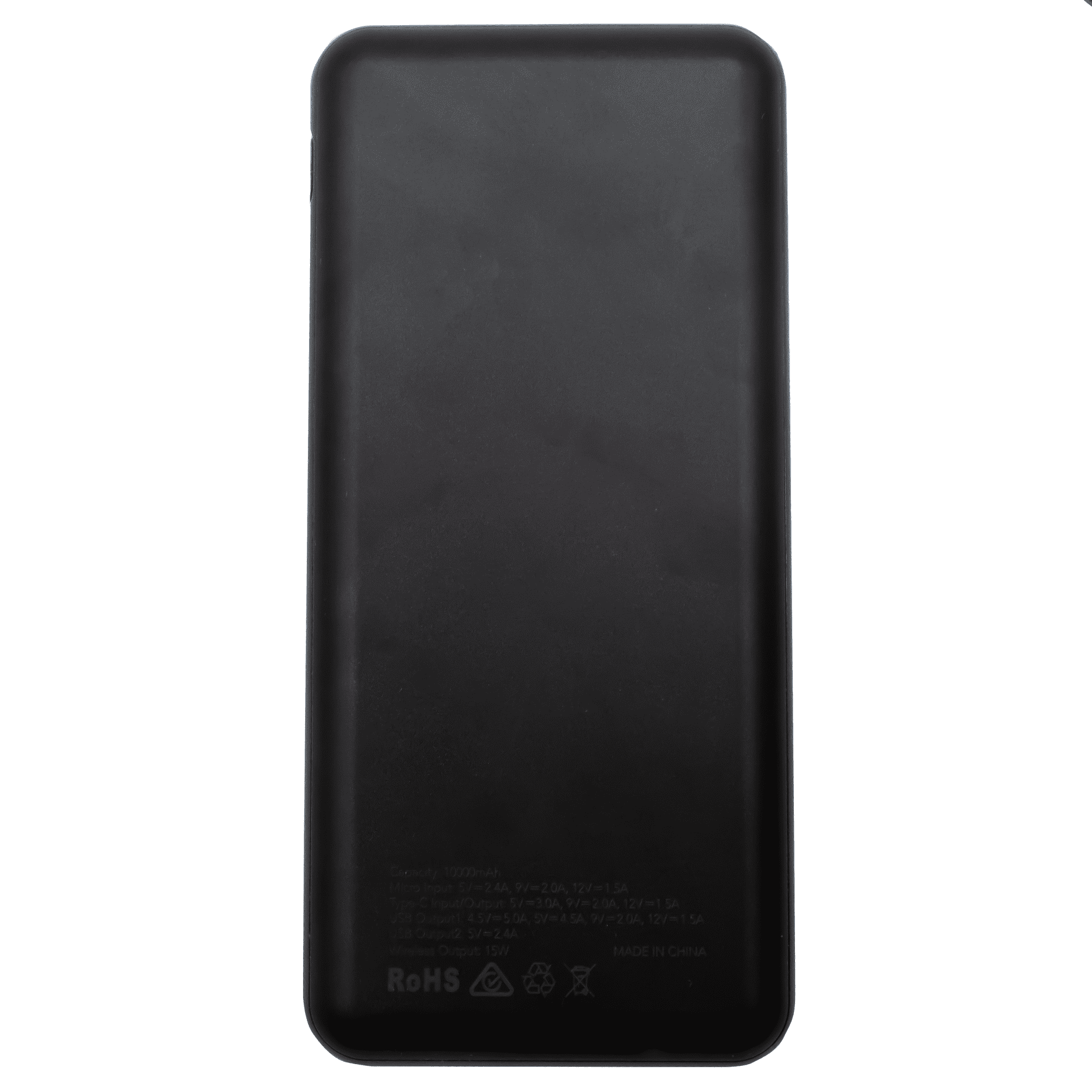 A black power bank with a sleek design, featuring a logo and specifications on the underside.
