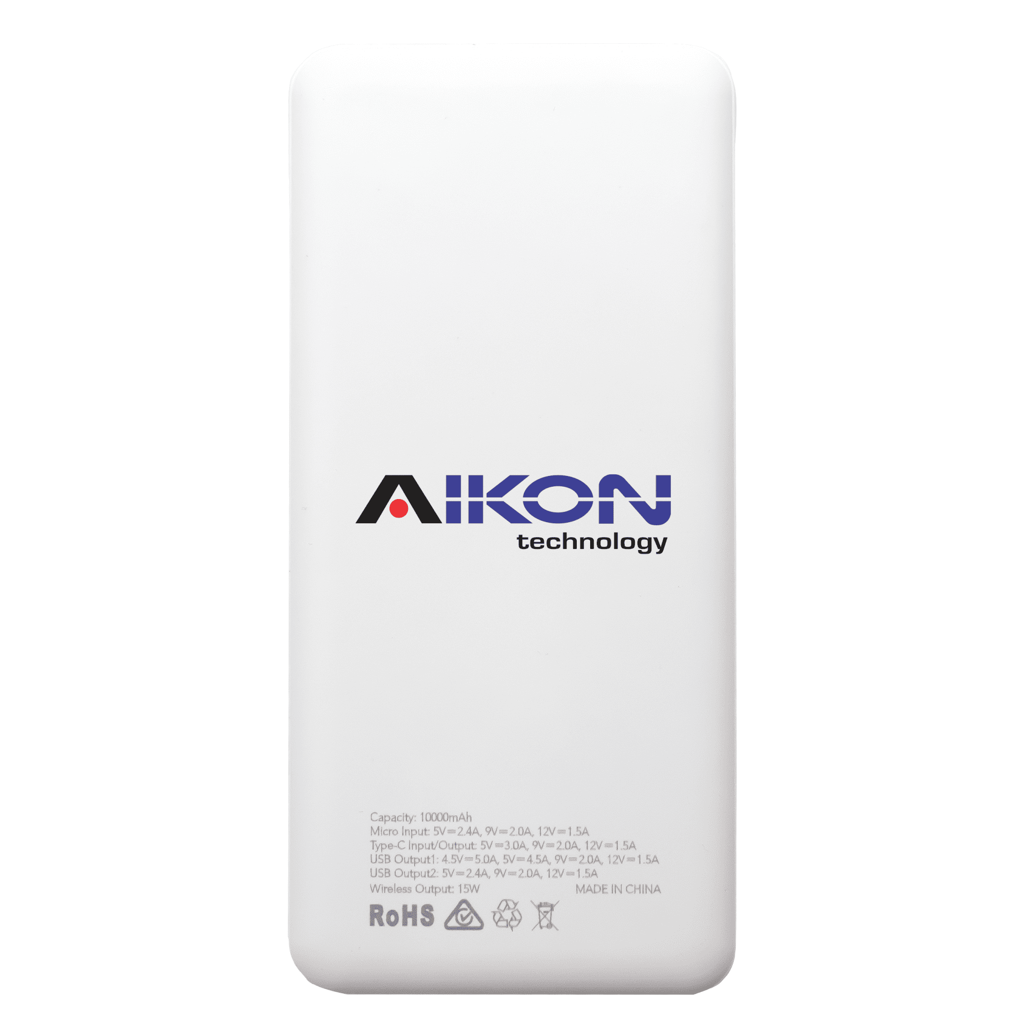 A white power bank with a capacity of 10,000 mAh, featuring a logo and multiple output ports.