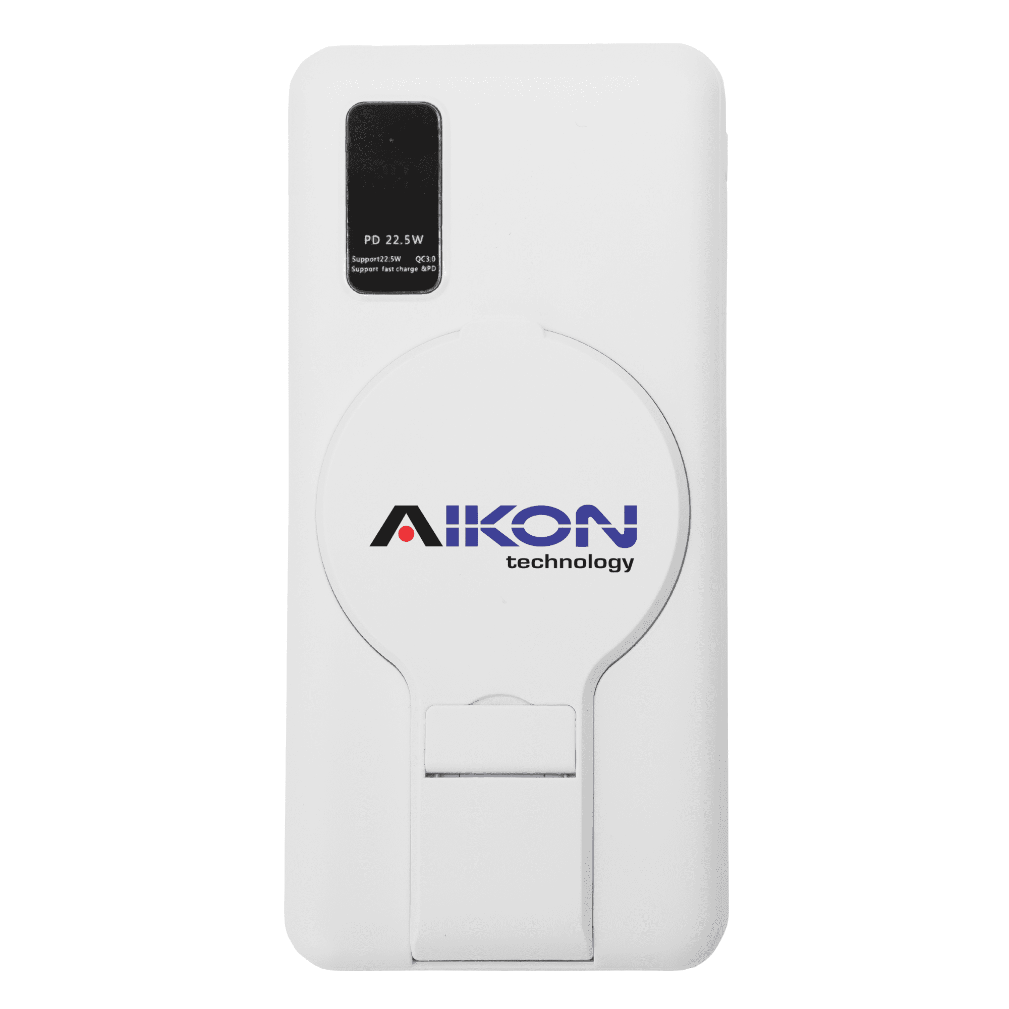 A white power bank with a circular pop-out stand and a logo, featuring a sleek, compact design.