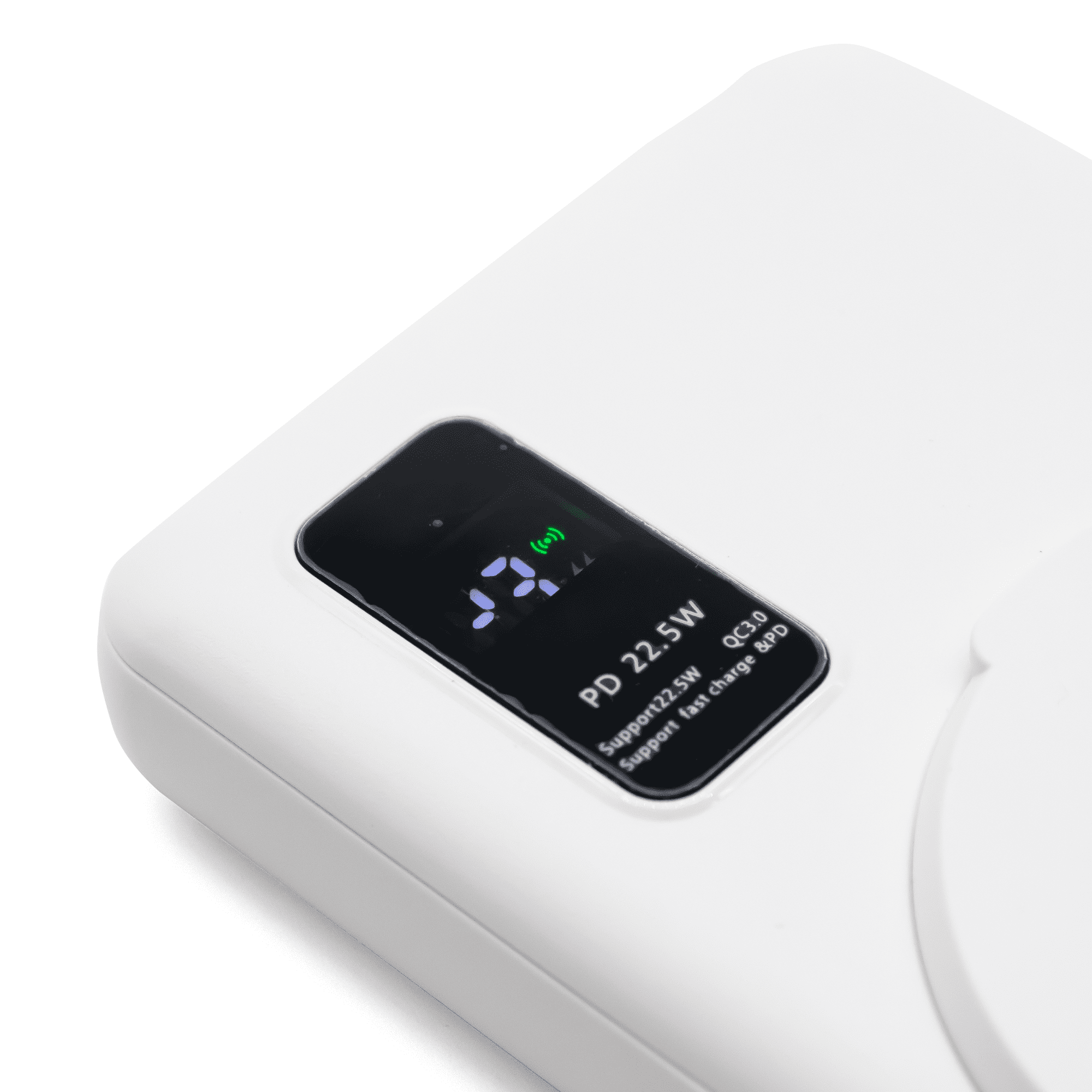A white power bank with a digital display, showcasing its features and specifications.