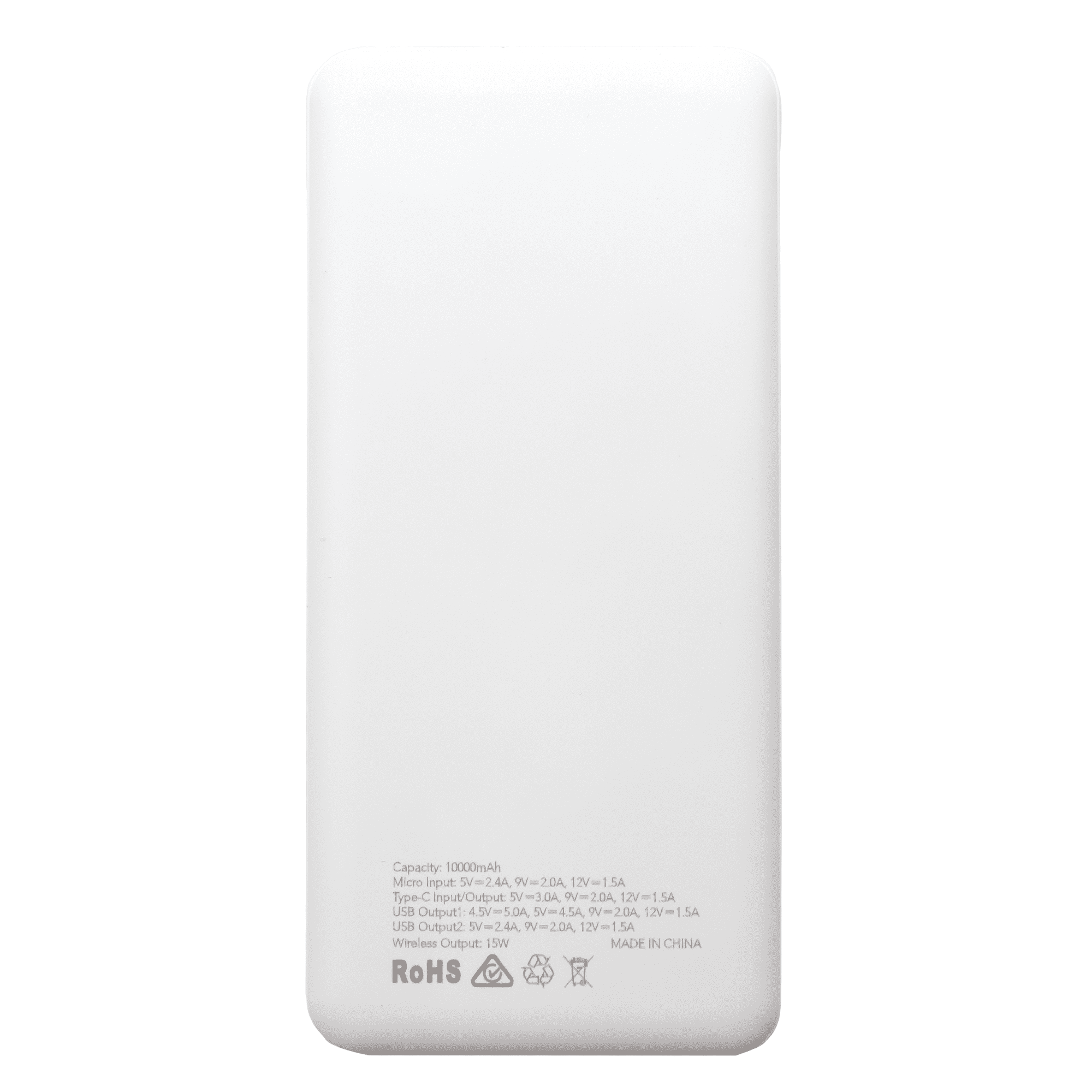 A white power bank with a capacity of 10,000 mAh, featuring multiple output ports and a logo on the back.