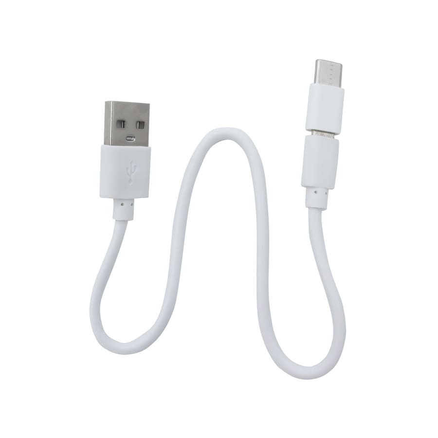 A white USB cable with a standard USB connector on one end and a USB-C connector on the other end.