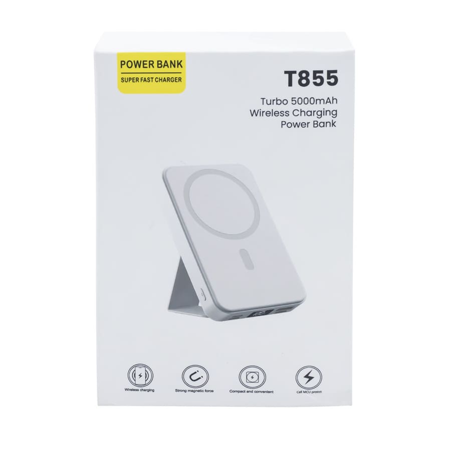 A white power bank featuring wireless charging capability and a strong magnetic foldable stand. It includes a logo.