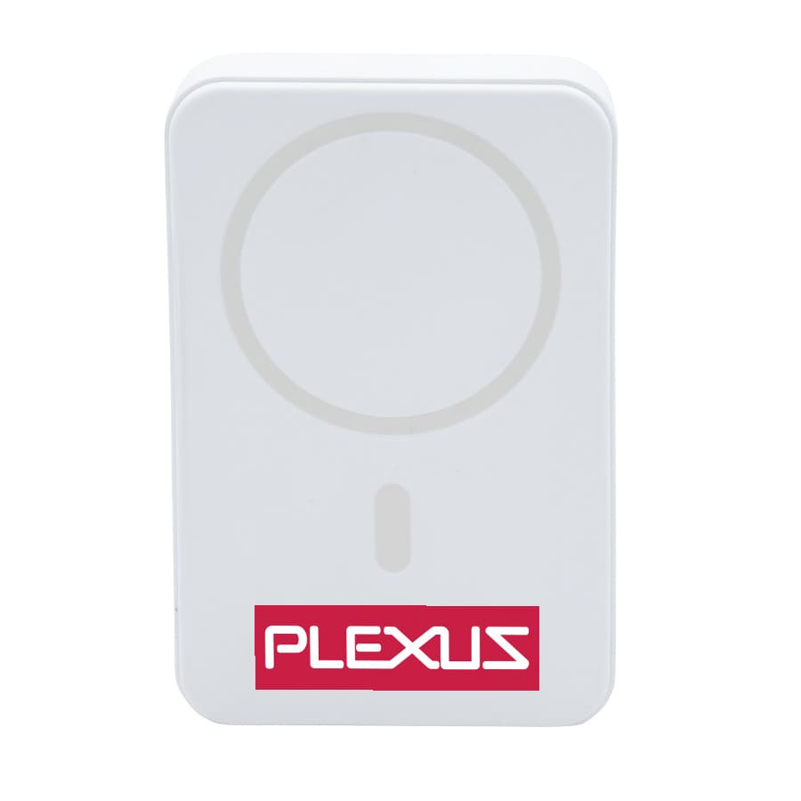 A white power bank featuring a circular charging pad and a logo on the front.